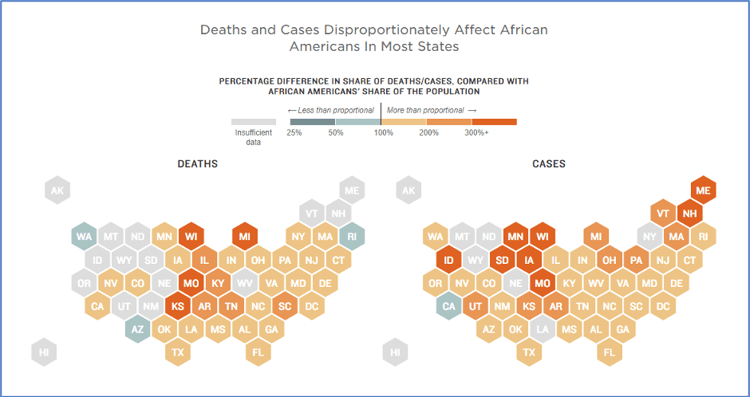 Map illustrating how deaths and cases of coronavirus disproportionately affect African Americans in the United States, by state (Source: NPR.org)