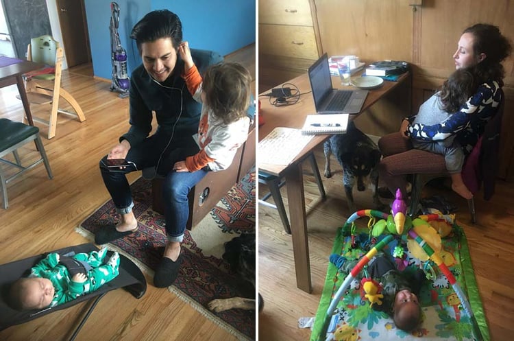Two parents working from home with children